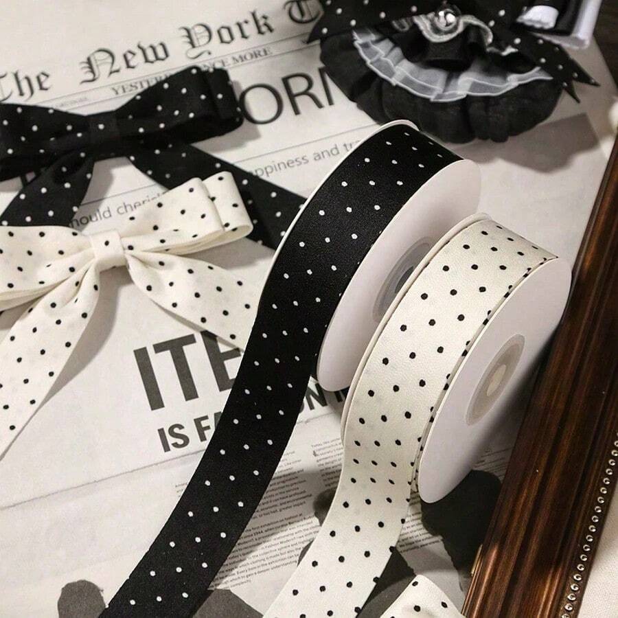 8mm Double-Sided Polka Dot Embossed Silk Satin Ribbon Black And White Polka Dot DIY Bow Hair Accessories Hairband Ribbon - Multicolor - View 1