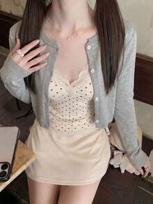 韓式柔和淺藍色短版針織開襟衫 女款圓領修身顯瘦單排扣長袖上衣 百搭可單穿或疊穿 - 灰色 - 查看 4