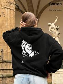 Autumn Women's Hoodie With Praying Hands Print And Cross Pendant Chain Design On Back - Black - View 3