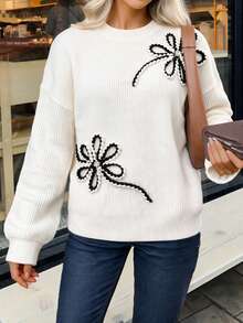 Women's Chic White Pullover Knitwear Sweater Tops With Black & White Floral Jacquard Detail, Long Sleeve Regular Fit, Autumn Outfits Women - Beige - View 3