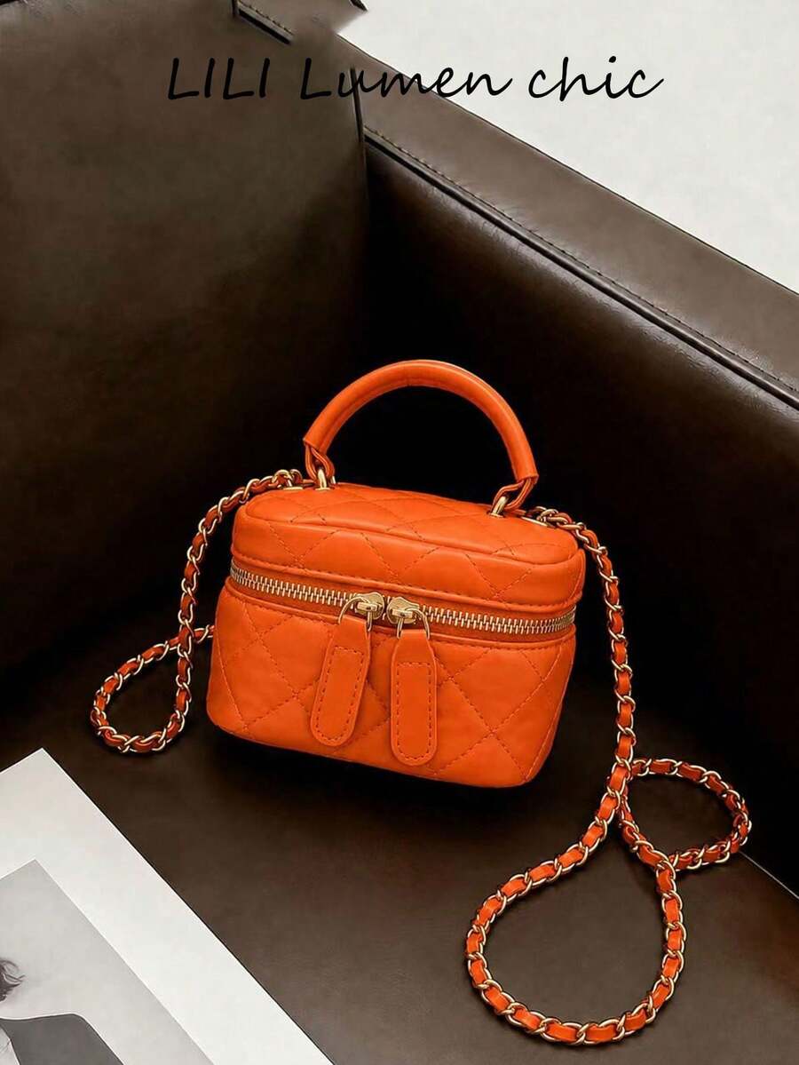 Handbag, Luxury Elegant Mini Box Bag With Diamond Quilted Design, Short Handle, Detachable Leather Chain Strap, Crossbody, Women's Sweet Lady Style, Date Party Small Square Bag - Orange - View 1