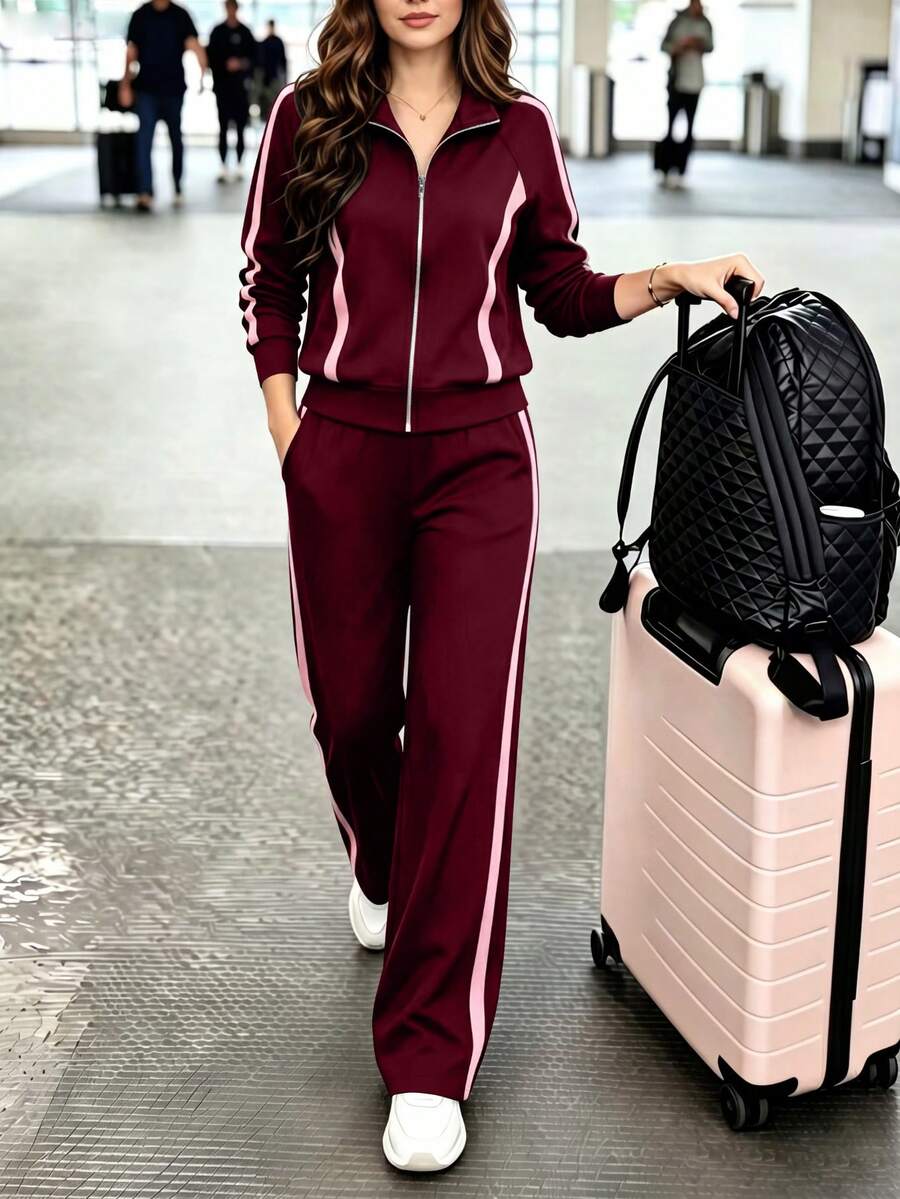 Comfortable Black 2 Pieces Sports Set, Women's, Zip-Up Top With Drawstring Pants, Slightly Elastic Fabric - Burgundy - View 1