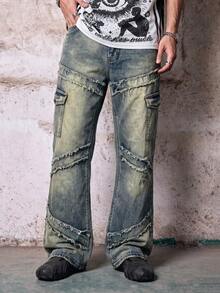 Skyrend Men's American Retro Motorcycle Jeans, Distressed Patchwork Stretch Slim Fit Tapered Leg Pants, Korean Style Washed Casual Long Pants Fall/Autumn/Winter Grunge - Baby Blue - View 1