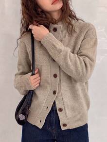 Women's Autumn/Winter Casual Minimalist Vintage Style Wide Collar Design Knit Cardigan Jacket - Milk Coffee - View 3