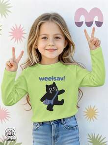Girls Cotton Raglan Long Sleeve Tee For Fall Winter, Black Cat Print And Blue 'weeisav!' Text, Cute Sweet Preppy Style - Fruit Green - View 2