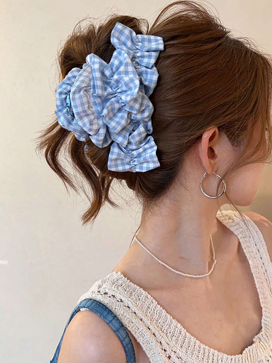 4pcs/1pc Vintage Small Plaid Ruffle Wide Hair Clips, Soft Fabric Non-Slip Hair Claws, Fashionable Women & Girls Daily Casual Hair Accessories - Multicolor - View 1