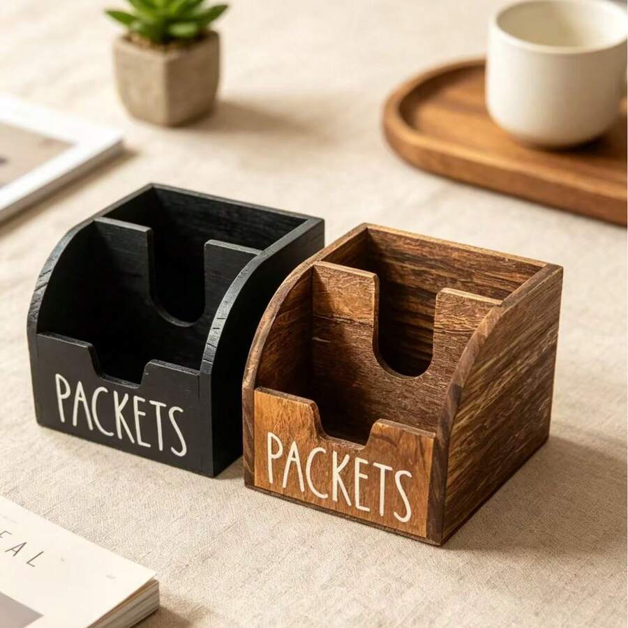 Vintage Wooden PACKETS Multi-Compartment Storage Box, Tea Bag & Coffee Pod Desktop Organizer, Entryway Countertop Clutter Storage Holder - Multicolor - View 1