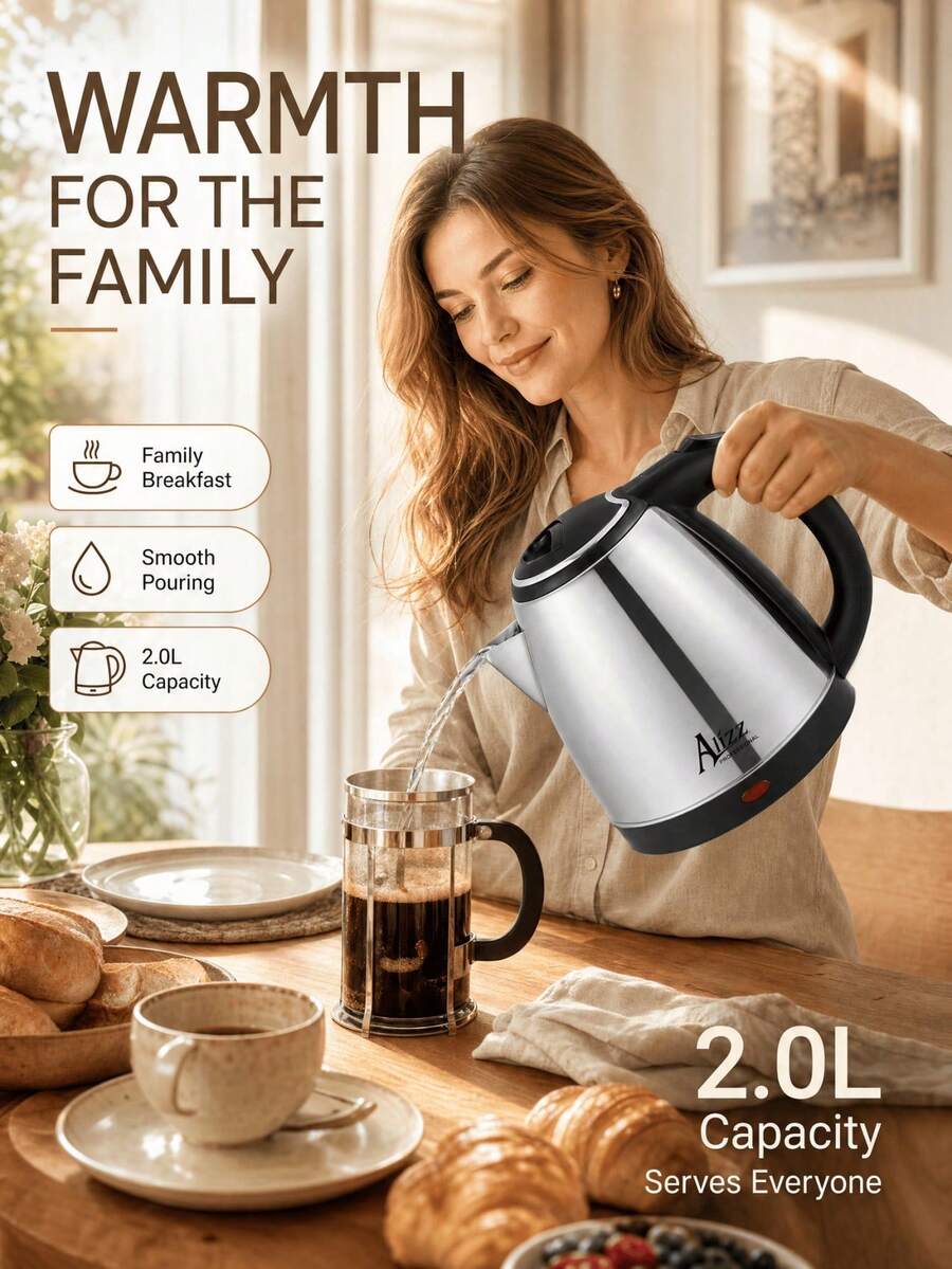 SMEGGEMS 2L Stainless Steel Electric Kettle, 1500W Fast Boiling Cordless Kettle, Auto Shut-Off And Boil-Dry Protection, 360° Rotating Base, Home Kitchen Office Daily Drinking Water Kettle - Silver - View 1