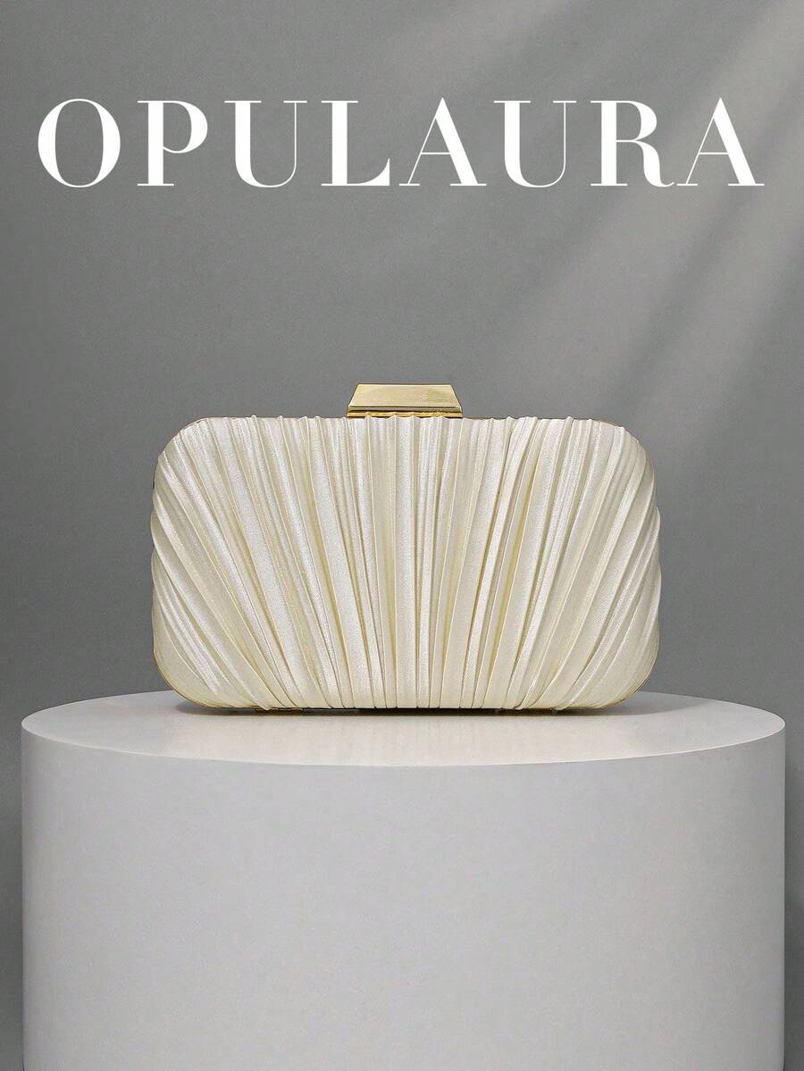 OpulAura 复古优雅缎面派对手拿包,褶皱设计时尚晚礼服钱包,迷人精致的正式派对手提包,奢华盒式小包,适合派对/婚礼/正式场合,配有可拆卸链条,可肩背/斜挎 - 杏色 - 查看 1