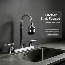 Kitchen Sink Faucet With Flexible Gooseneck Sprayer, Dual Handle Hot And Cold Water Mixer Tap, 3-Hole Deck Mount Kitchen Faucet - Silver - View 4