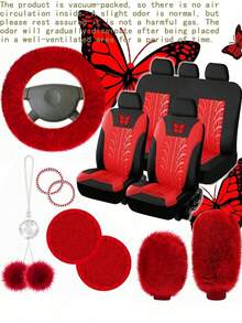 8pcs/9pcs/17pcs Breathable Car Seat Covers Set, Butterfly Pattern, With Soft Plush Steering Wheel Cover, Gear Shift Cover, Handbrake Cover And Rhinestone Plush Pendant, Create Comfortable Driving Experience - Multicolor - View 9