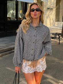 Women Gingham Plaid Cropped Jacket Stand Collar Raglan Sleeve Drawstring Hem Button Casual Coat - Brown - View 3