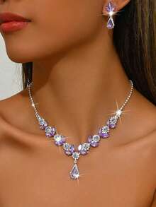 Ensemble de collier et boucles d'oreilles floral minimaliste élégant de luxe super brillant, convient pour les occasions quotidiennes et de fête, toutes saisons - Prune - Voir 2