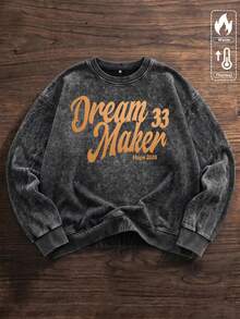 Simple-Men 復古酸洗圓領運動衫，Dream Maker 33 Hope 2026 復古草寫字母圖案印花休閒街頭套頭上衣 - 黑色 - 查看 1
