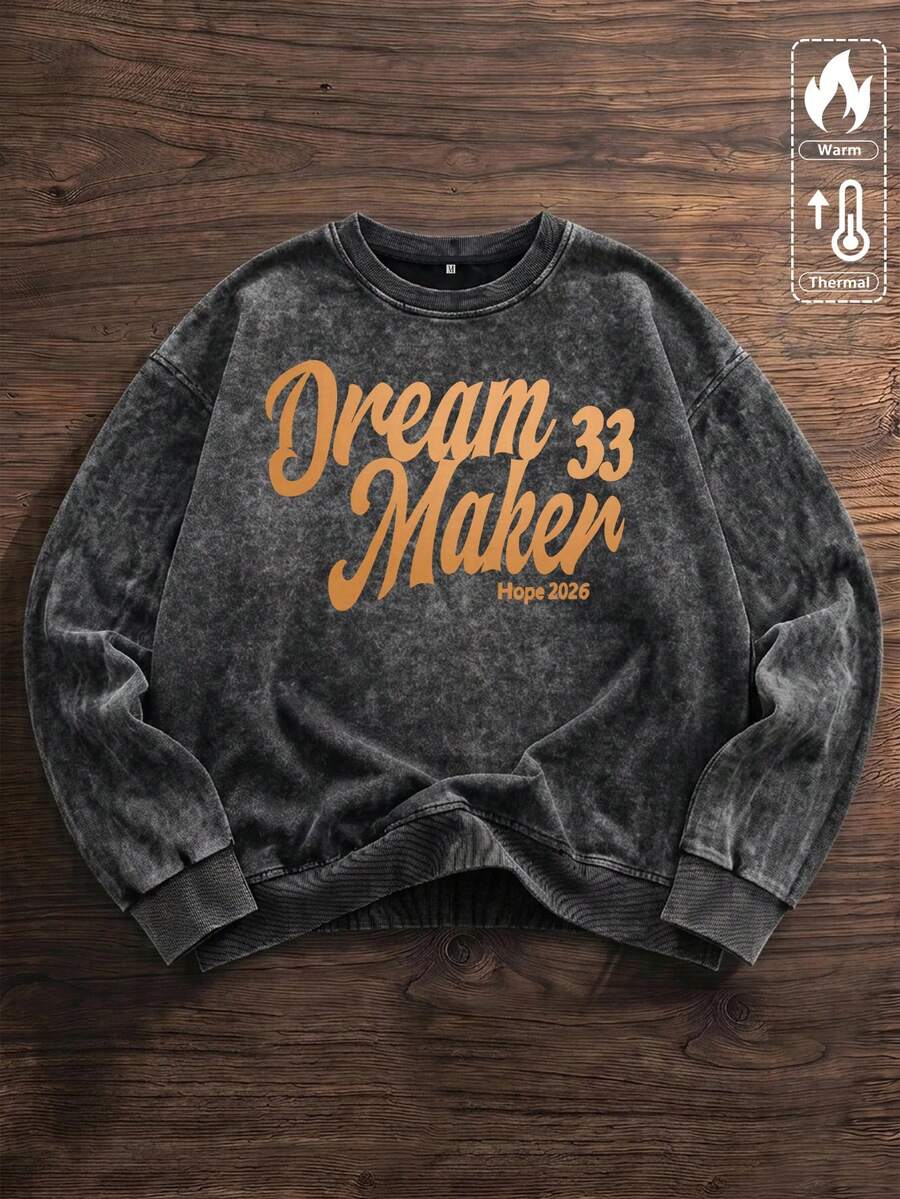 Simple-Men 復古酸洗圓領運動衫,Dream Maker 33 Hope 2026 復古草寫字母圖案印花休閒街頭套頭上衣 - 黑色 - 查看 1