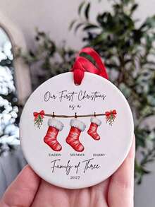 1pc Customized Name "Our First Christmas" Family Hanging Ornament, Personalized Ceramic Round Pendant, Stocking Pattern Design, Christmas Tree Decoration, Family Keepsake Christmas Gift - Multicolor - View 3