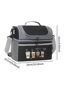 Four Cups Of Coffee Print Lunch Bag With Insulated, Dual-Compartment Lunch Bag With Shoulder Strap, Practical, Versatile Gift For Family And Friends - Multicolor - View 10