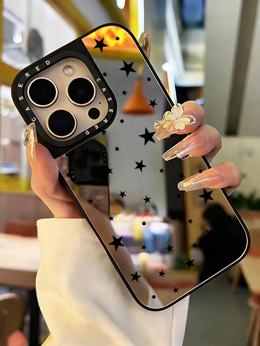 1件裝 化妝鏡手機殼 波點與星星圖案 全包覆 TPU 防震手機殼 相容 Apple 17 16 15 14 13 12 11 Pro Max - 彩色 - 查看 1