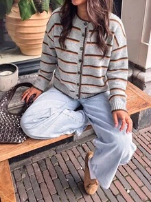 Sweater Cardigan Lengan Panjang Leher Bulat Retro Wanita dengan Garis Kontras dan Blok Warna, Model Bahu Jatuh – Musim Gugur Musim Dingin, Longgar, Kasual, Serbaguna, Modis - MultiWarna - View 3