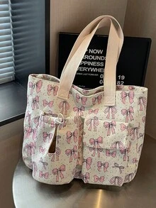 1件多用途大容量多口袋蝴蝶結圖案托特包，適合旅行、購物、度假，可收納筆記本電腦、教科書、衣物 - 彩色 - 查看 7