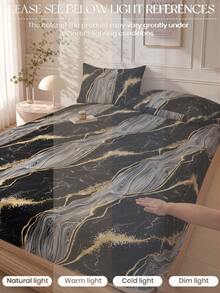 1pc Black Marble Pattern Fitted Sheet, Mattress Protector, Mattress Cover, Fitted Sheet, Soft & Breathable, -Twin, Full, Queen, King, Deep Pocket Design Up To 11.8 Inches. Back To School Dorm Essential - Black - View 4