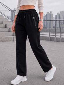 Women's Solid Black Straight Leg Pants With Drawstring Elastic Waist And Zipper Pockets, Casual Everyday Trousers - Black - View 2
