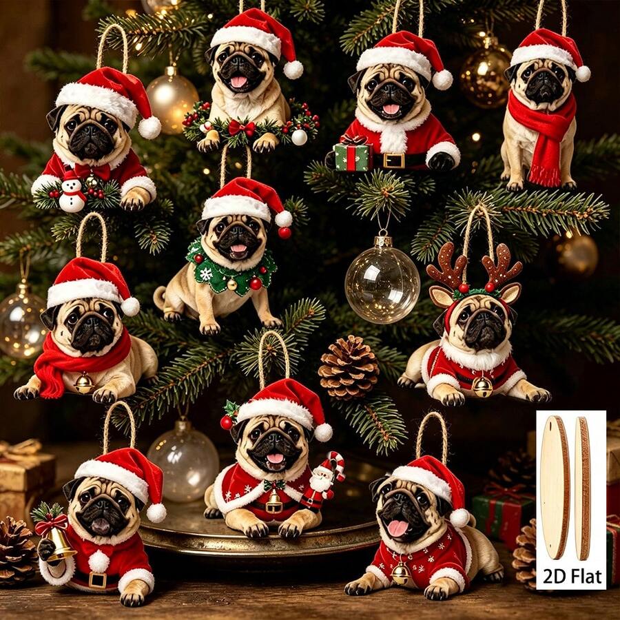 10 buah Ornamen Gantung Tali Rami Natal Anjing Pug 2D - Dekorasi Pohon Natal Berbentuk Hewan Peliharaan Kreatif, Dekorasi Liburan untuk Pohon Natal / Jendela / Perapian / Pagar / Dinding - Satu-Ukuran - View 1