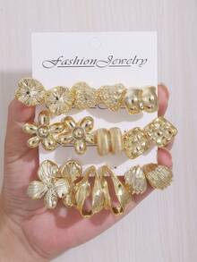 6-18PCS Gold Flower Heart Square Shaped Earrings Set - Gold - View 1