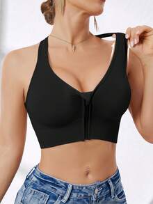 Women's High Intensity Front Zip Seamless Wireless Sports Bra, Suitable For Spring, Summer, Autumn And Winter - Black - View 2