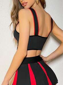 Women's Fresh Blue + White Cheerleader Uniform Bodice & Mini Skirt Set, Seductive Printed, Rave - Black - View 2