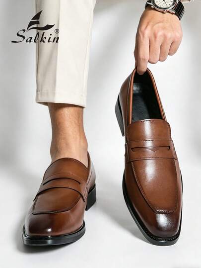 Salkin 男士奢華復古設計師一腳蹬便士樂福鞋，優雅紳士社交皮鞋，平價設計師風格，方便穿脫，純色，柔軟舒適鞋面，輕量，休閒日常穿著，極簡商務正裝鞋，西裝搭配，辦公室，派對，百搭，婚禮，新郎鞋，晚宴，約會，節日禮物，春秋，四季皆宜，請選擇大一號