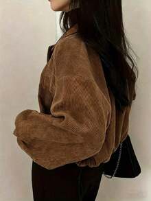Women's Plus Size Ribbed Solid Color Minimalist Casual Long Sleeve Jacket Brown - Brown - View 2