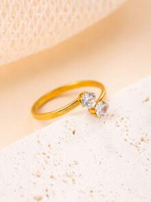 1/5pcs Double Colorful Rhinestone Open Ring For Women, Minimalist High-End Stainless Steel Non-Fading Zirconia Thin Ring, Stackable Decorative Finger Ring, Holiday Gift, Daily Commute Jewelry - Gold - View 11