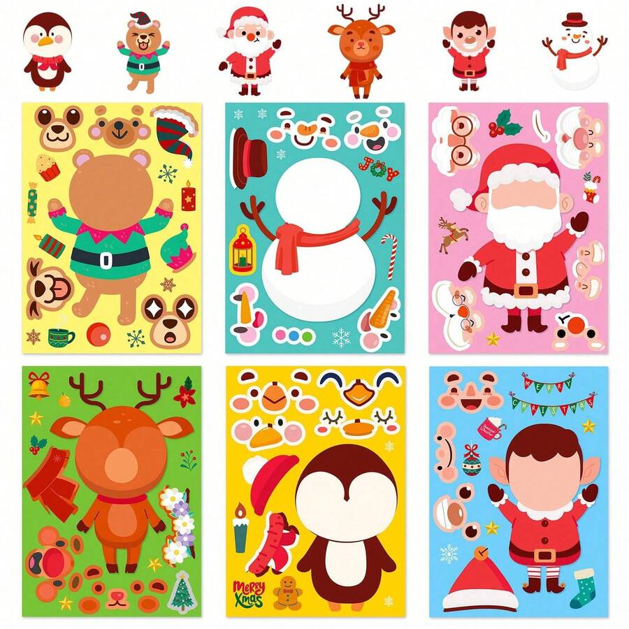 6Pcs Christmas Puzzle Stickers For Kids, Make‑A‑Face Mix And Match Sticker Sheets, DIY To Create Santa, Snowman, Reindeer, Elf, Penguin & Bear, Christmas Party Favors, Holiday Children Craft Activities - Multicolor - View 1