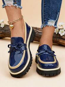 1 Pair Ladies Blue Bow Decor Two Tone Platform Loafers, Spring Autumn Daily Footwear - Blue - View 3