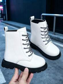 1 Pair Kids British Ankle Boots, Soft PU + Front Lace-Up Design, Round Toe Thick Sole Height-Increasing Casual Daily Style School Boots, Suitable For School And Vacation, Autumn/Winter New - White - View 2