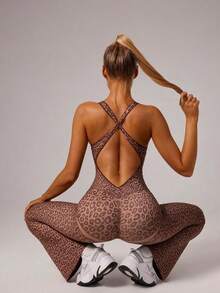 1pc Leopard Print Twisted Hollow Back Deep V Flare Leg Jumpsuit Set, Brown Jumpsuit, Pink Jumpsuit - Brown - View 6