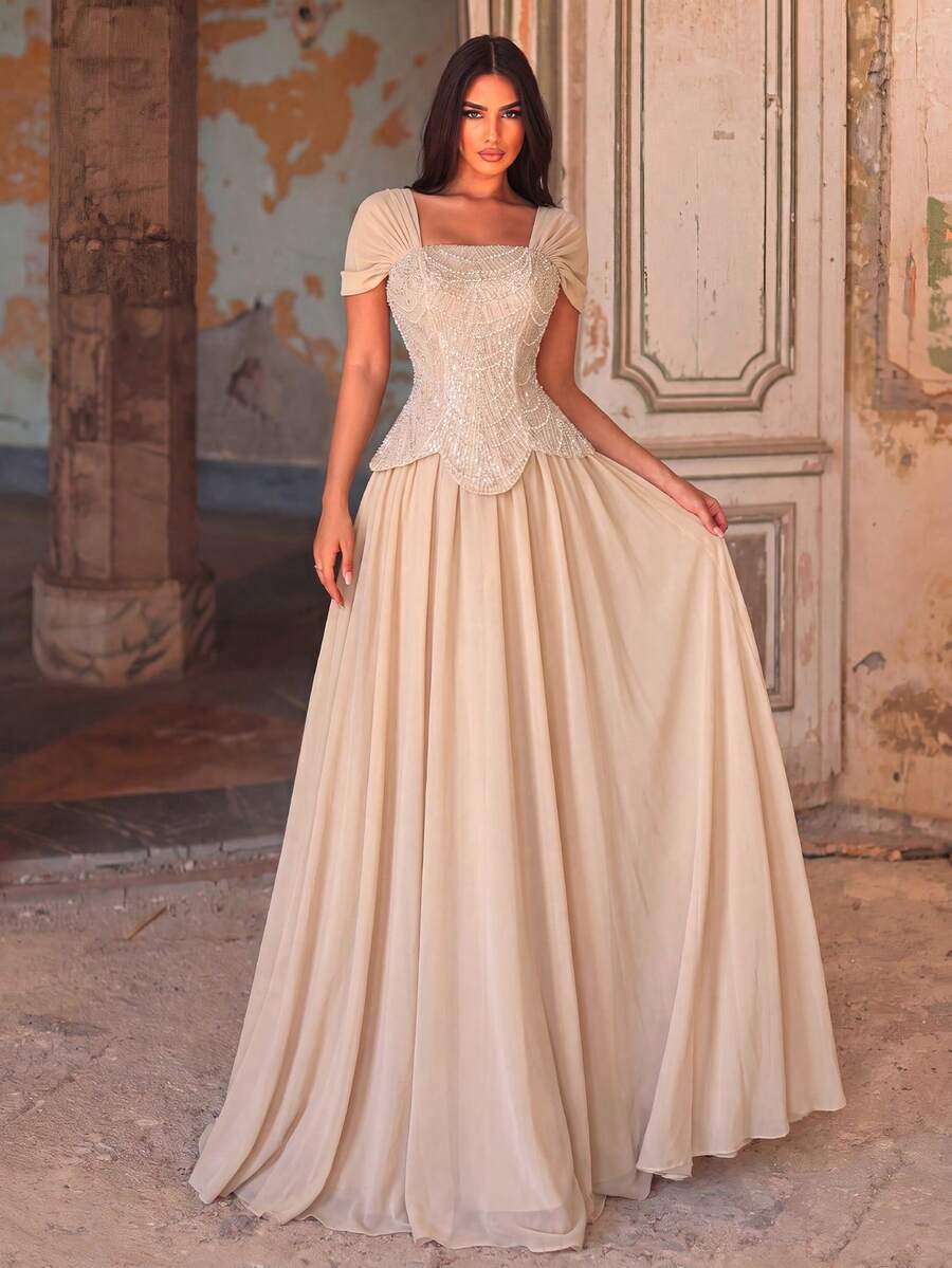 Women's Luxury Sequin Strapless Square Neck Full Skirt Maxi Ball Gown, Suitable For Formal Occasions - Champagne - View 1