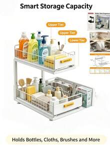Two‑Tier Sliding Under‑Sink Storage Organizer , Adjustable‑Height Metal Rack With Pull‑Out Baskets, Available In 3 Colors, Cabinet Organizer For Kitchen Spices, Cleaning Supplies And Bathroom Toiletries - Multicolor - View 4