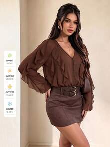 Camisa beige versátil, casual y de oficina con volantes asimétricos y semitransparentes, adecuada para citas, uso diario, vacaciones en la playa. Los volantes añaden suavidad, se puede combinar con vaqueros para looks festivos y con faldas para ir a la oficina de manera elegante. - Marrón - Ver 5