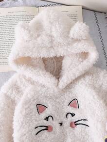 2pcs Baby Girl Casual Cute Cartoon Rabbit Smiling Face Embroidered Double-Sided Fleece Contrast Color Striped Long Sleeve Hooded Sweatshirt And Pants Set Autumn/Winter - White - View 4