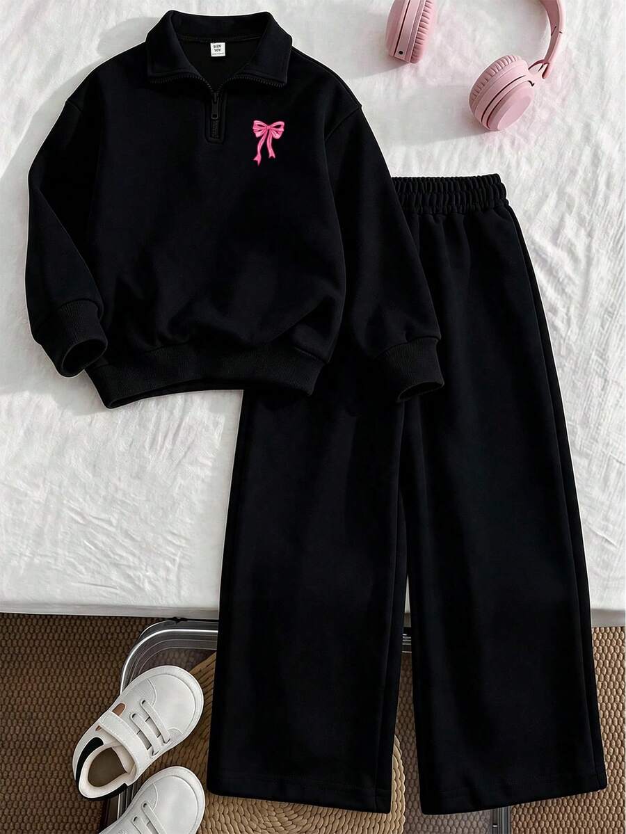 少女蝴蝶印花粉色拉鍊連帽外套與粉色寬腿長褲兩件套,極簡設計,適合春、秋、冬穿著,舒適休閒 - 黑色 - 查看 1
