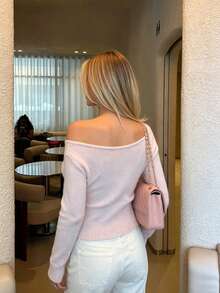 FOR BEAUTY Fall Winter Y2K Elegant Casual Soft Pink Asymmetric Neck Off Shoulder Fluffy Knit Sweater Tops Women Going Out Party Outfits - Pink - View 7