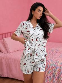 Noctvar OBM Sleepwear X Hello Kitty Set Piyama Hello Kitty Motif Seluruh Permukaan Gaya Anak Perempuan, Atasan Kardigan Kerah Lengan Pendek + Celana Pendek 2 Potong - Putih - View 3