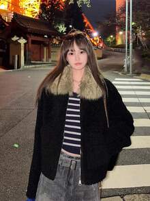 Custom Dyed Faux Fur Collar Small Grain Lamb Fleece Jacket Winter Black Fuzzy Winter Coat - Black - View 3