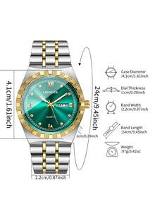 Men's Premium Gold-Tone Alloy Band Watch, Roman Numeral Rhinestone Dial With Date Display, Business Casual Versatile Quartz Wristwatch (1pc/Set) Watch Box Not Included - Multicolor - View 4