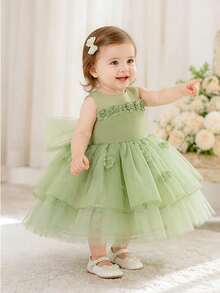 Baby Girl Sweet 3D Floral Decor Tulle Princess Dress Party Flower Girl - Green - View 5
