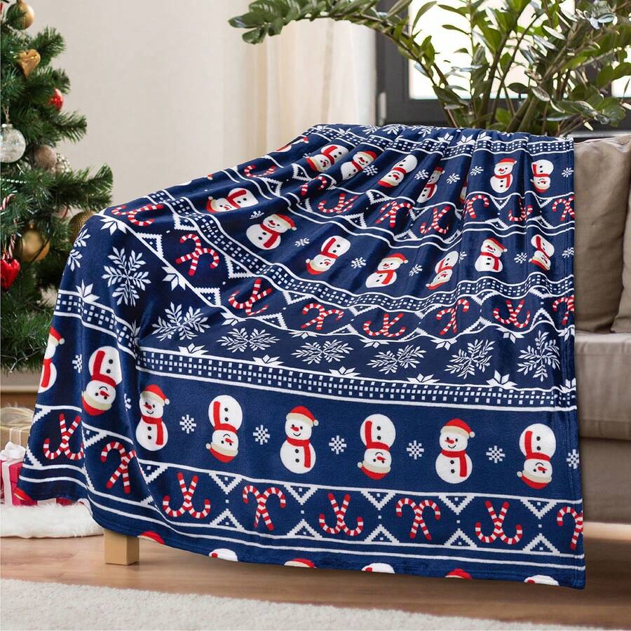 Soft & Comfortable 1pc Christmas Snowflake Snowman Modern Flannel Blanket - Stylish Polyester Nap Blanket - Digital Print Craft, Suitable For Sofa, Bed, Travel, Office Home Decor - Multicolor - View 1