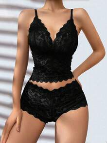 1 Set Women's Wireless Lace Embroidered Floral Bra And Panty Set - Black - View 5