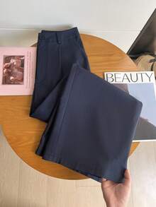Women's Elegant Straight Leg Pants, With Button And Zipper Details, Long Non-Stretch Trousers (Belt Not Included) - Navy Blue - View 4
